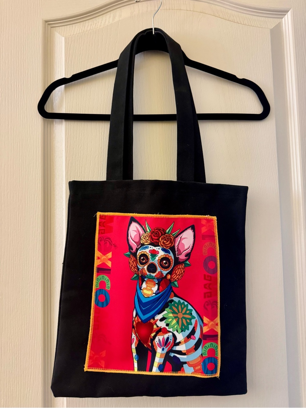 Black Tote Bag with Colorful Sugar Skull Dog Panel - NWOT